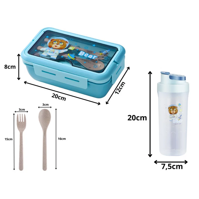 Étkeződoboz vizespalackkal és evőeszközökkel gyerekeknek, kék