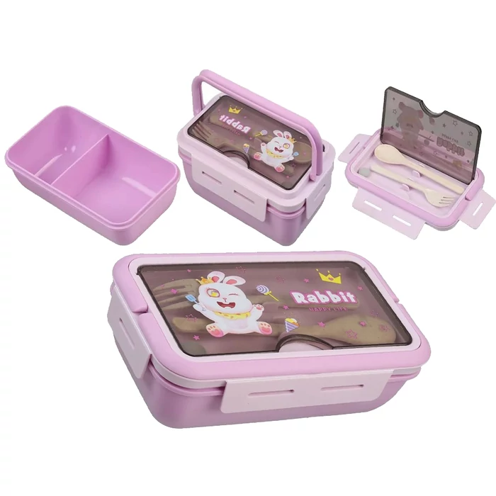 Étkeződoboz vizespalackkal és evőeszközökkel gyerekeknek, lila