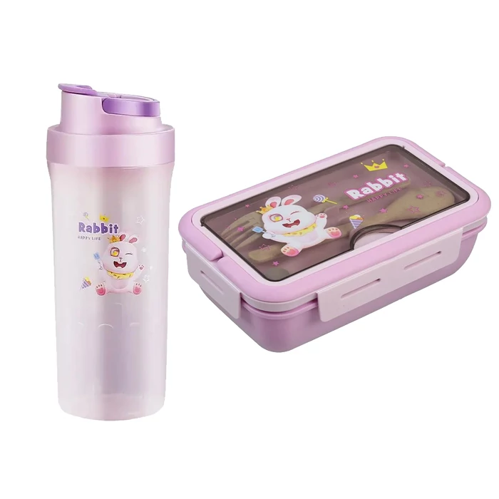 Étkeződoboz vizespalackkal és evőeszközökkel gyerekeknek, lila