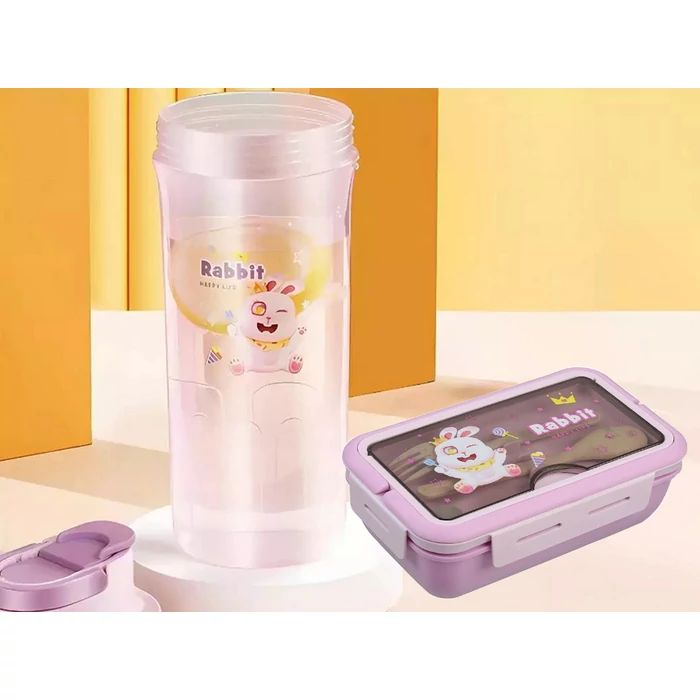 Étkeződoboz vizespalackkal és evőeszközökkel gyerekeknek, lila