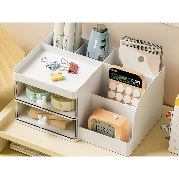 Rekeszes, fiókos asztali szervező kis tárgyakhoz