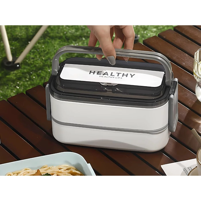 Kétszintes éthordó evőeszközökkel, 1.4 L, fehér