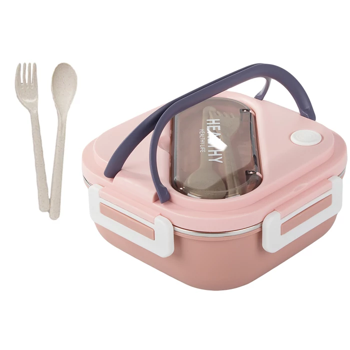 Ételszállító doboz 3 rekesszel, evőeszközökkel, rózsaszín