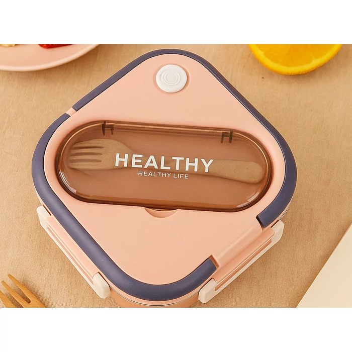 Ételszállító doboz 3 rekesszel, evőeszközökkel, rózsaszín