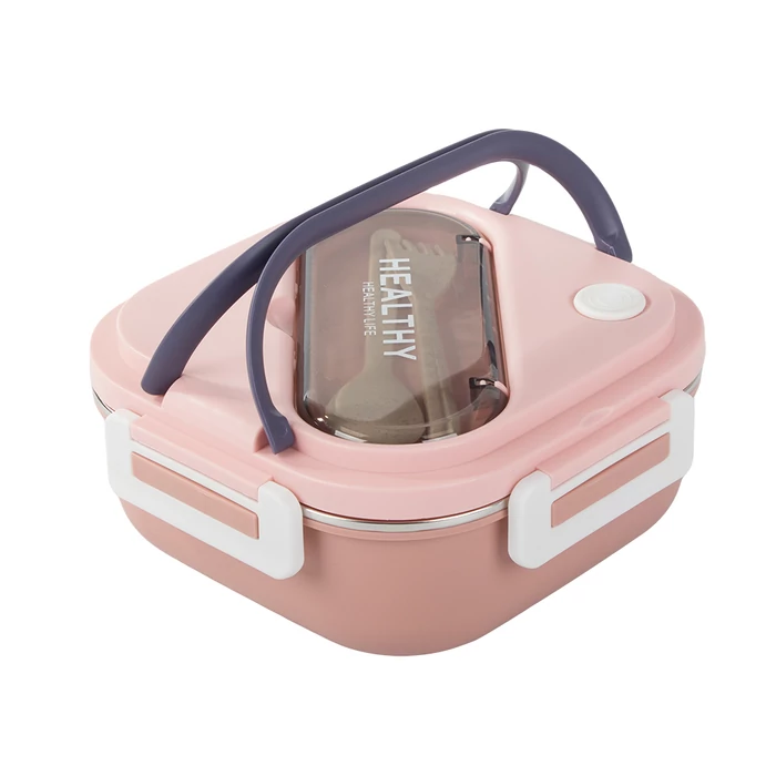 Ételszállító doboz 3 rekesszel, evőeszközökkel, rózsaszín