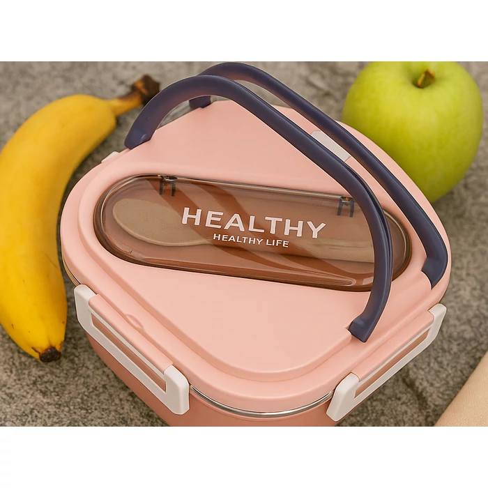 Ételszállító doboz 3 rekesszel, evőeszközökkel, rózsaszín