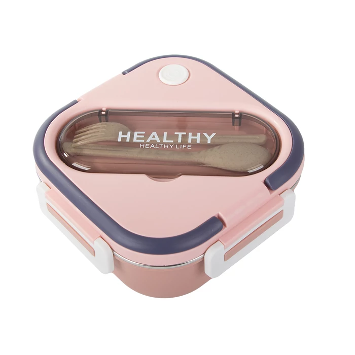 Ételszállító doboz 3 rekesszel, evőeszközökkel, rózsaszín