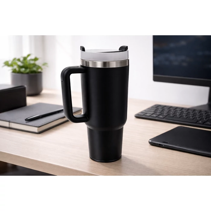 Acél termoszbögre 1.2 literes űrtartalommal, szívószállal, fekete