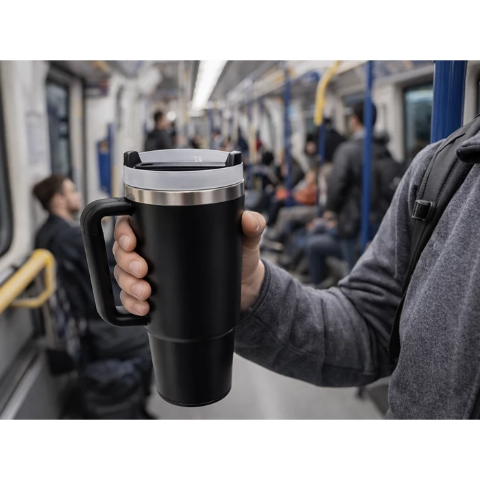 Acél termoszbögre 1.2 literes űrtartalommal, szívószállal, fekete