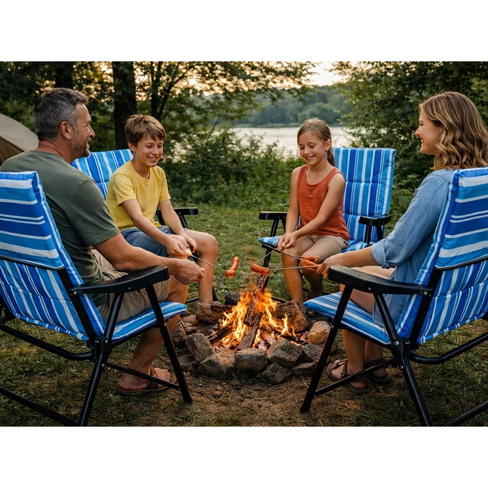 Összecsukható kempingszék, kék-fehér csíkos