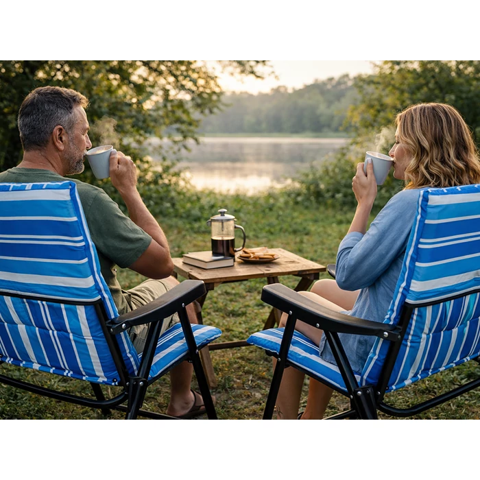 Összecsukható kempingszék, kék-fehér csíkos