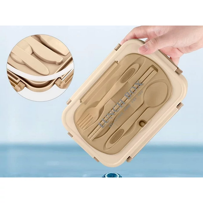 3 rekeszes éthordó evőeszközkészlettel, barna