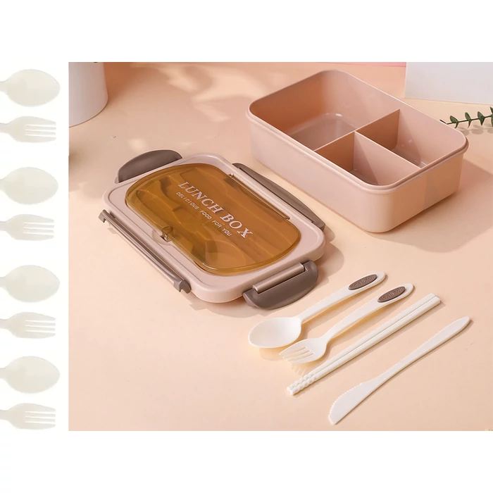 3 rekeszes éthordó evőeszközkészlettel, barna