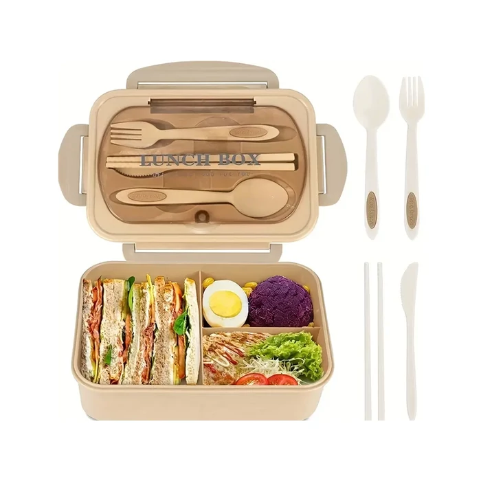 3 rekeszes éthordó evőeszközkészlettel, barna