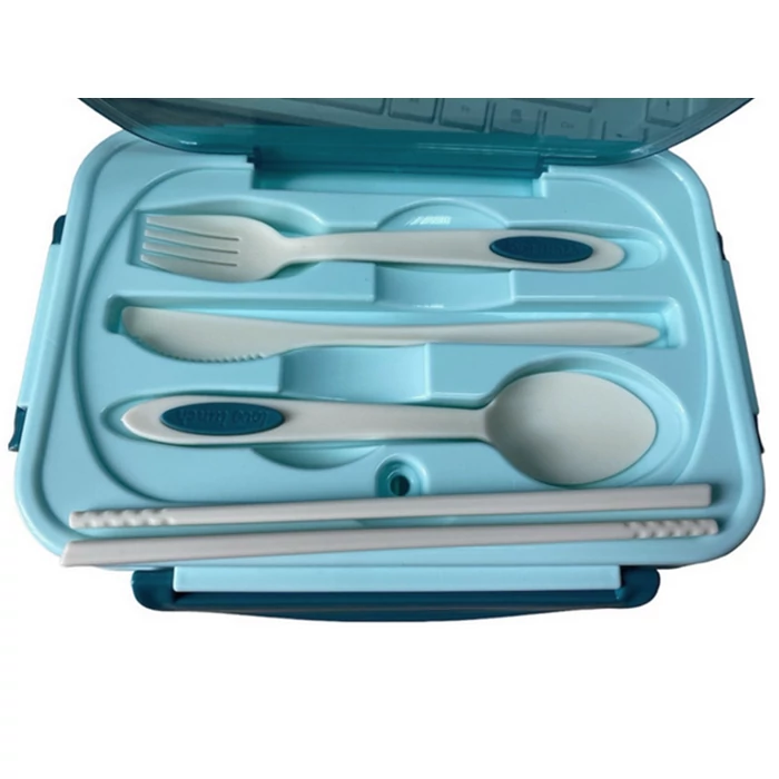 3 rekeszes éthordó evőeszközkészlettel, kék