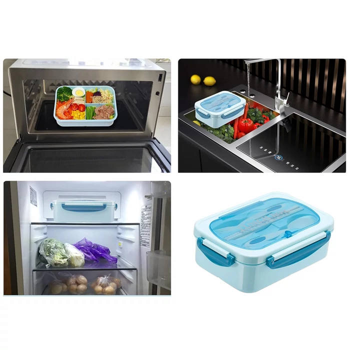 3 rekeszes éthordó evőeszközkészlettel, kék