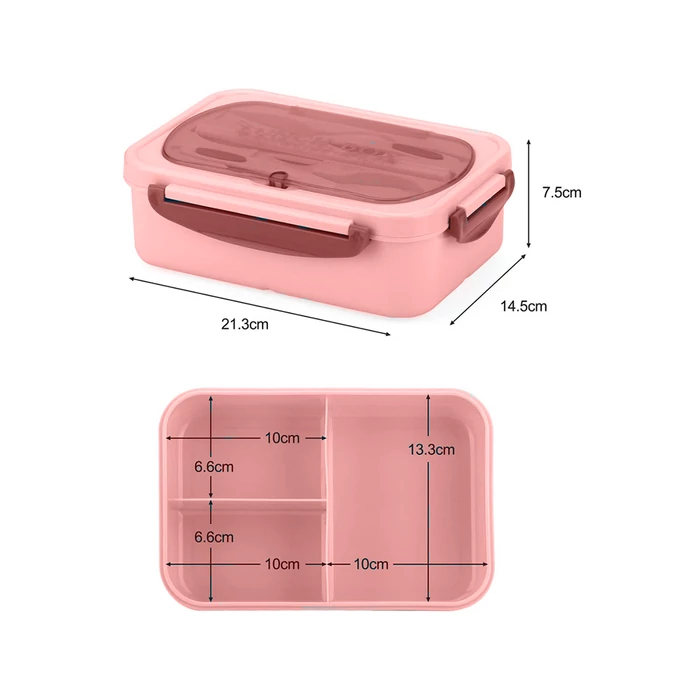 3 rekeszes éthordó evőeszközkészlettel, rózsaszín
