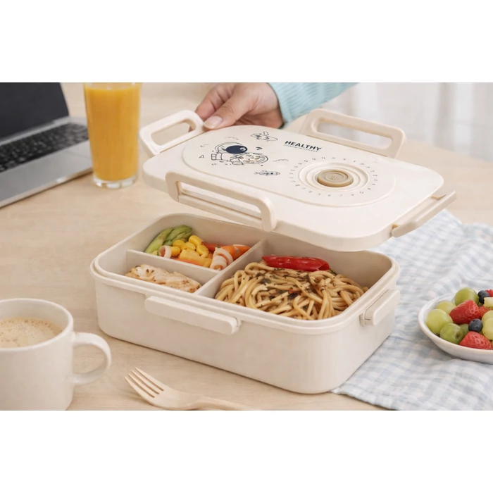 3 rekeszes ételhordó evőeszközökkel, bézs