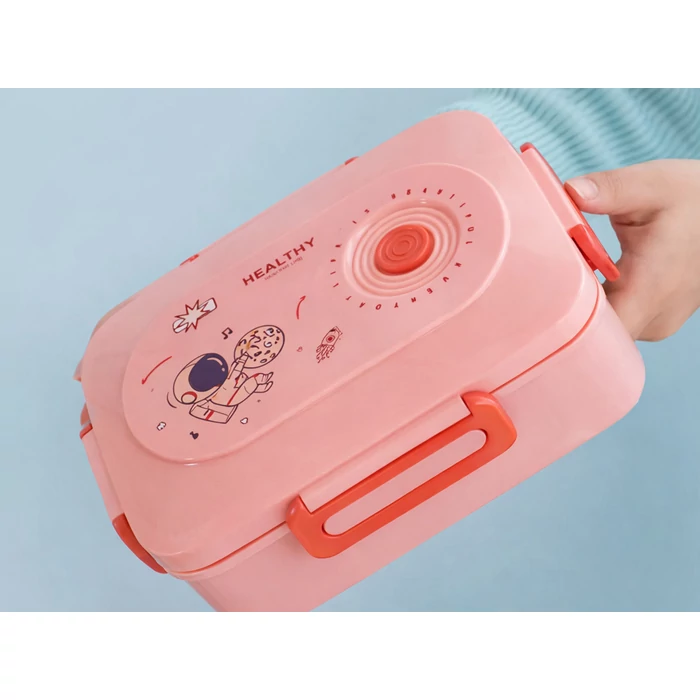 3 rekeszes ételhordó evőeszközökkel, rózsaszín