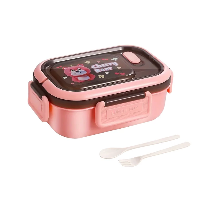 3 rekeszes étkeződoboz evőeszközökkel, rózsaszín