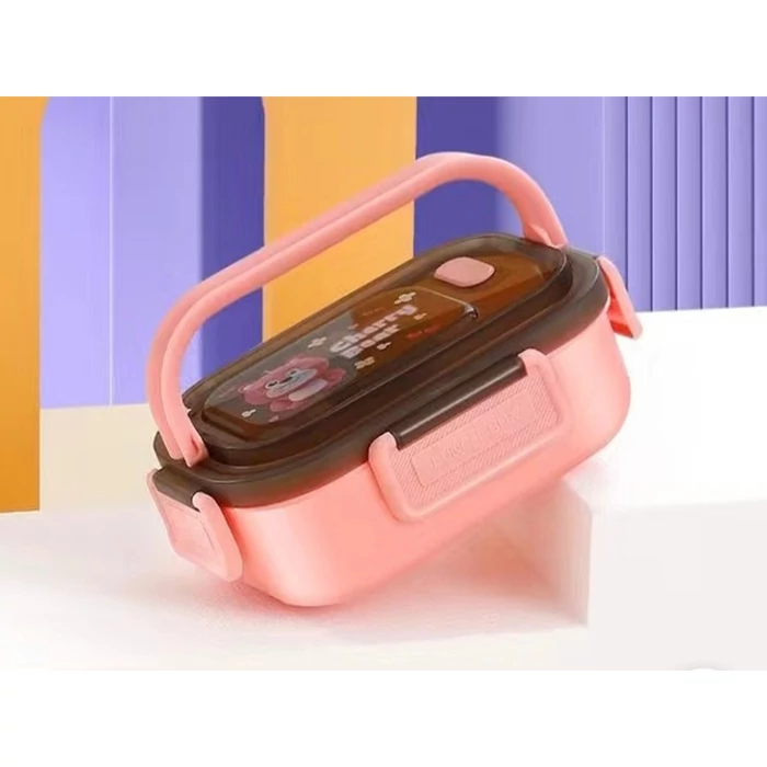 3 rekeszes étkeződoboz evőeszközökkel, rózsaszín