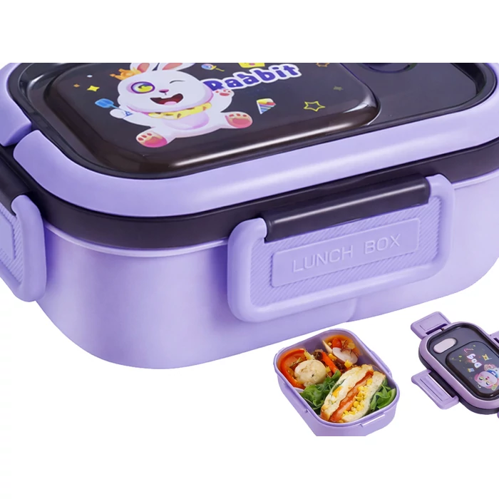 3 rekeszes étkeződoboz evőeszközökkel, lila