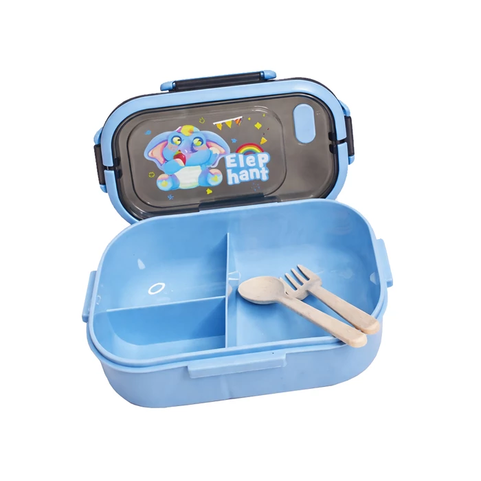 3 rekeszes étkeződoboz evőeszközökkel, kék