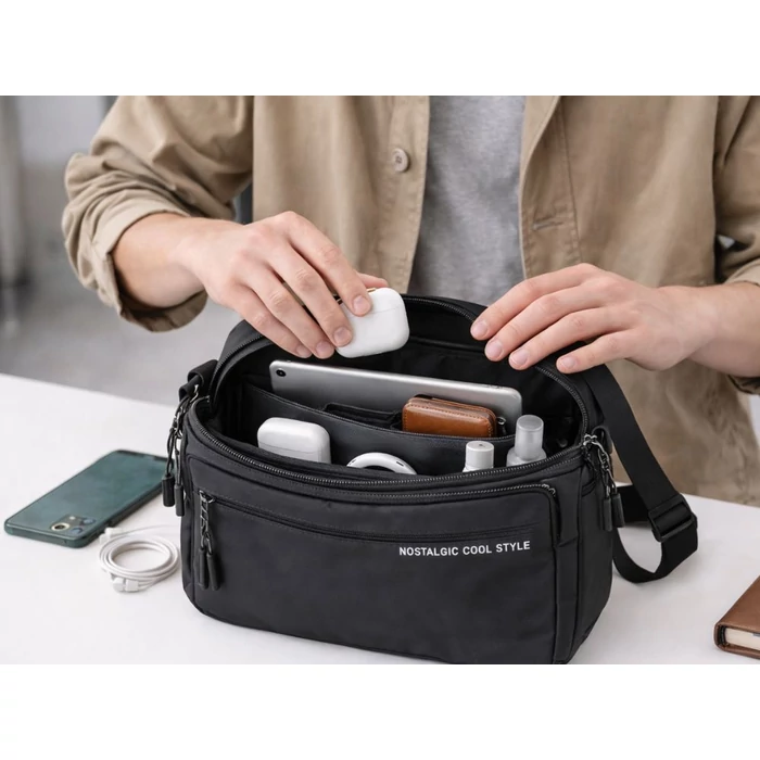 Férfi válltáska 4 cipzáras rekesszel, fekete
