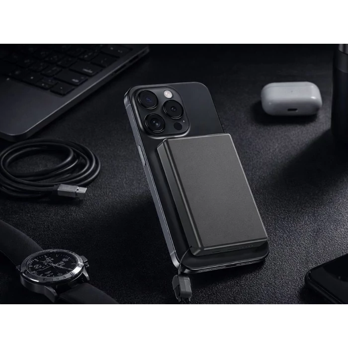 Powerbank vezeték nélküli töltési funkcióval, USB-C és Lightning, 10000 mAh, 20W, szürke