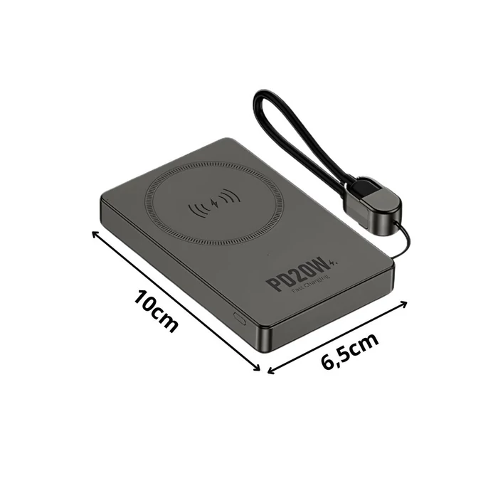 Powerbank vezeték nélküli töltési funkcióval, USB-C és Lightning, 10000 mAh, 20W, szürke