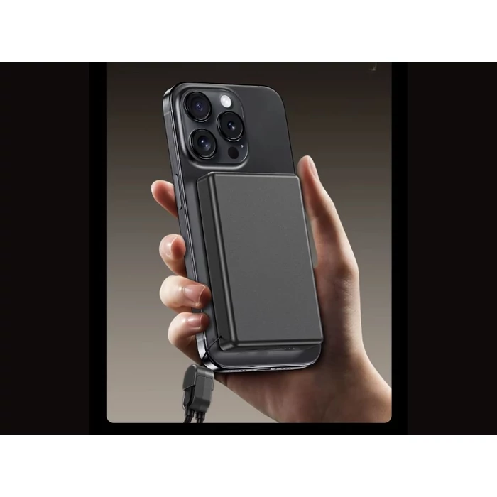 Powerbank vezeték nélküli töltési funkcióval, USB-C és Lightning, 10000 mAh, 20W, szürke