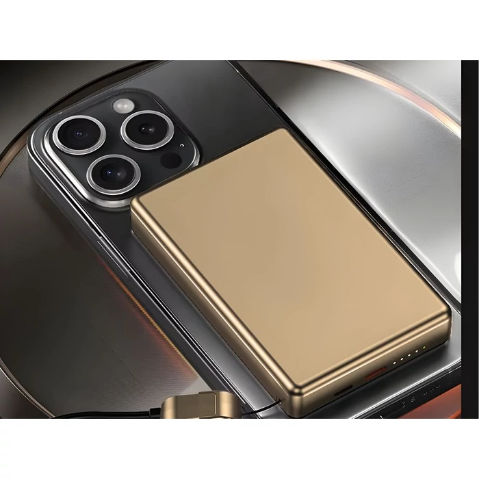 Powerbank vezeték nélküli töltési funkcióval, USB-C és Lightning, 10000 mAh, 20W, arany