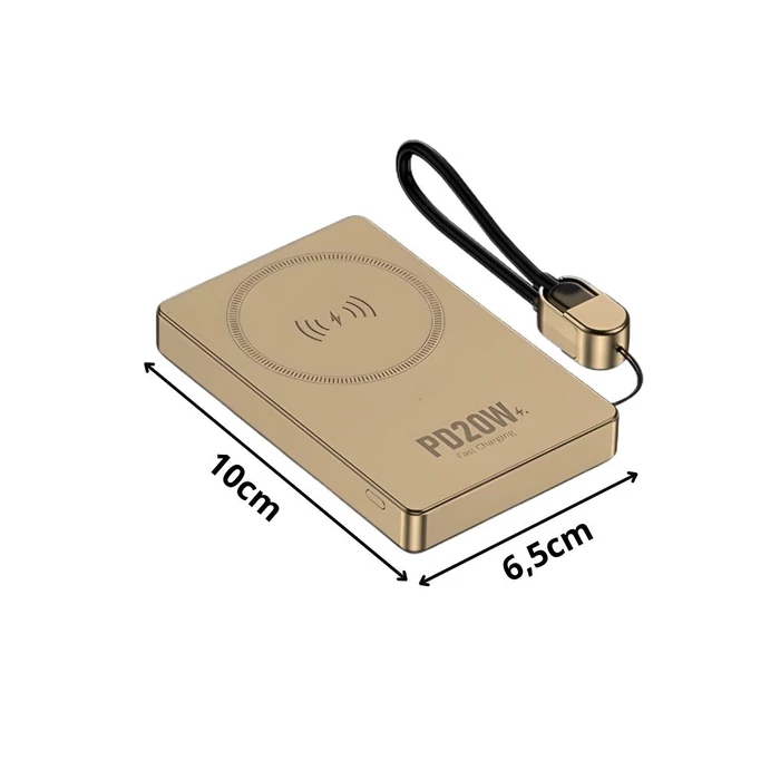 Powerbank vezeték nélküli töltési funkcióval, USB-C és Lightning, 10000 mAh, 20W, arany