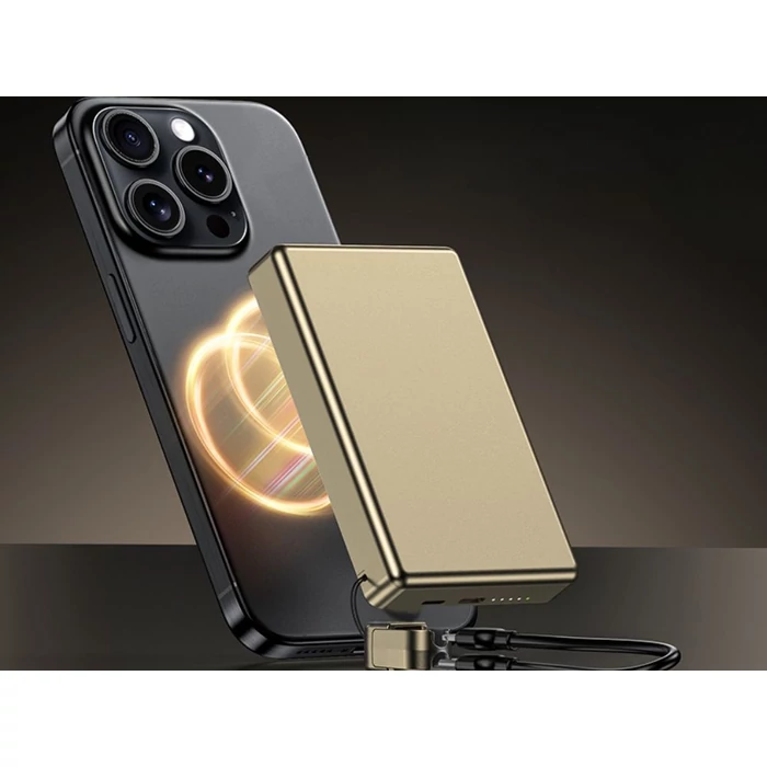 Powerbank vezeték nélküli töltési funkcióval, USB-C és Lightning, 10000 mAh, 20W, arany