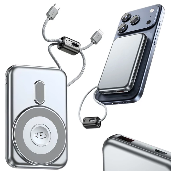 Powerbank vezeték nélküli töltéssel, USB-C és Lightning kábellel, 10000 mAh, szürke