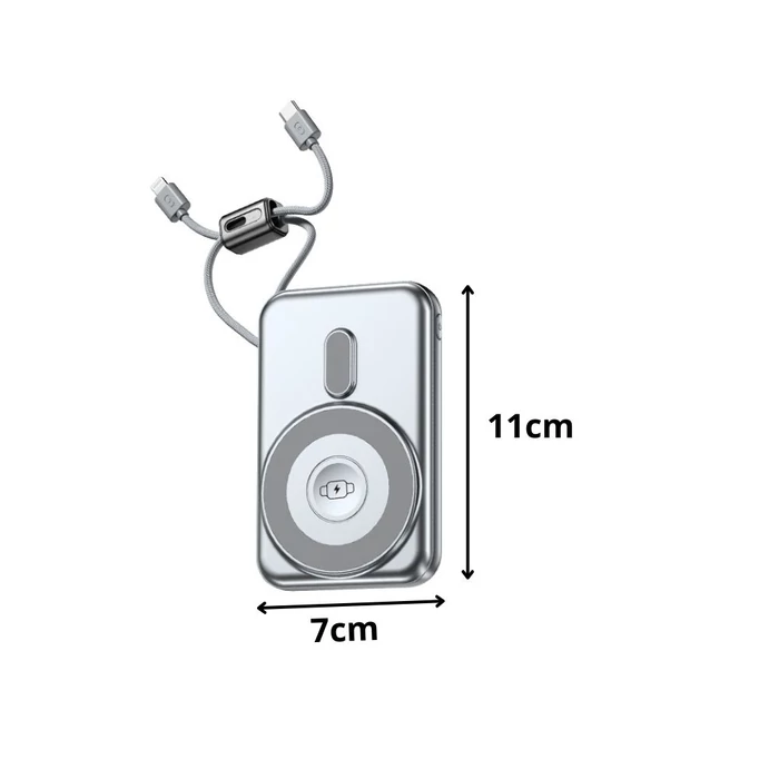 Powerbank vezeték nélküli töltéssel, USB-C és Lightning kábellel, 10000 mAh, szürke