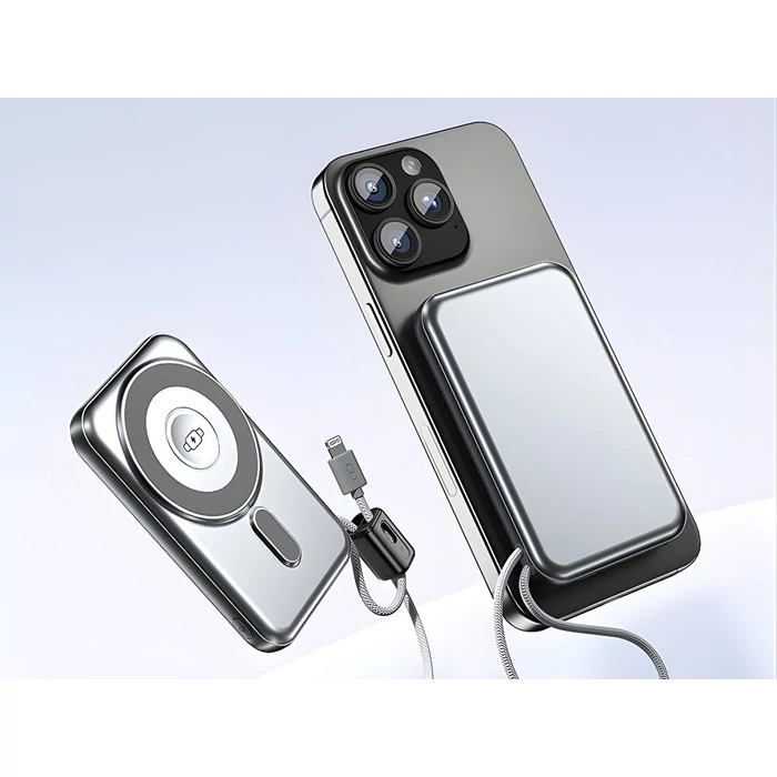 Powerbank vezeték nélküli töltéssel, USB-C és Lightning kábellel, 10000 mAh, szürke