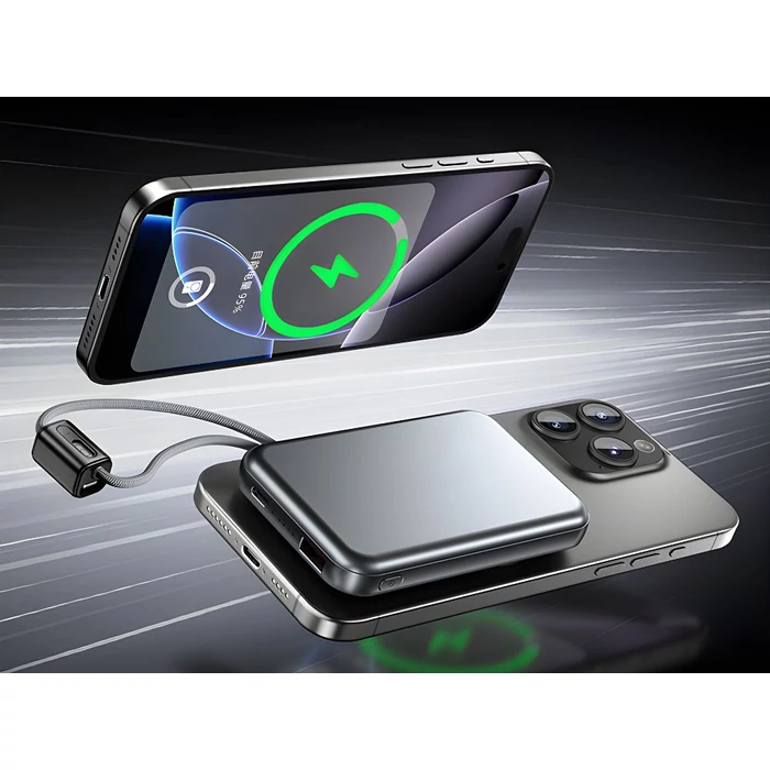 Powerbank vezeték nélküli töltéssel, USB-C és Lightning kábellel, 10000 mAh, szürke