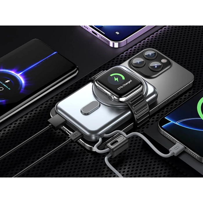 Powerbank vezeték nélküli töltéssel, USB-C és Lightning kábellel, 10000 mAh, szürke