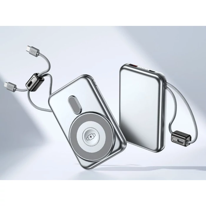 Powerbank vezeték nélküli töltéssel, USB-C és Lightning kábellel, 10000 mAh, szürke