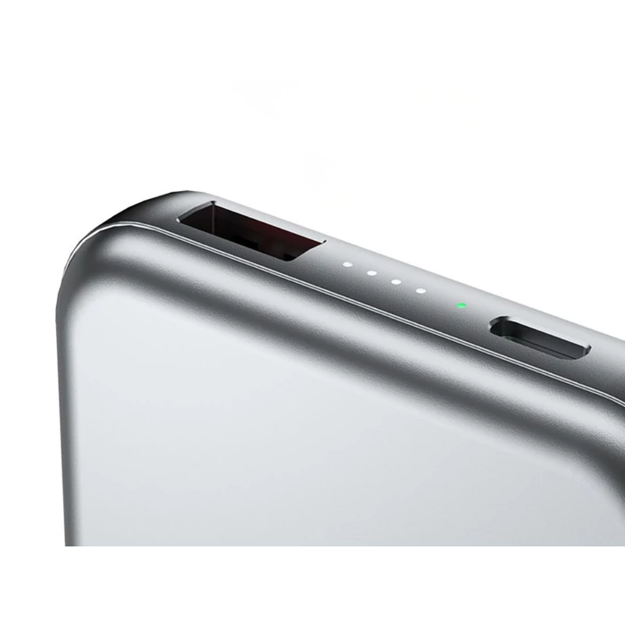 Powerbank vezeték nélküli töltéssel, USB-C és Lightning kábellel, 10000 mAh, szürke