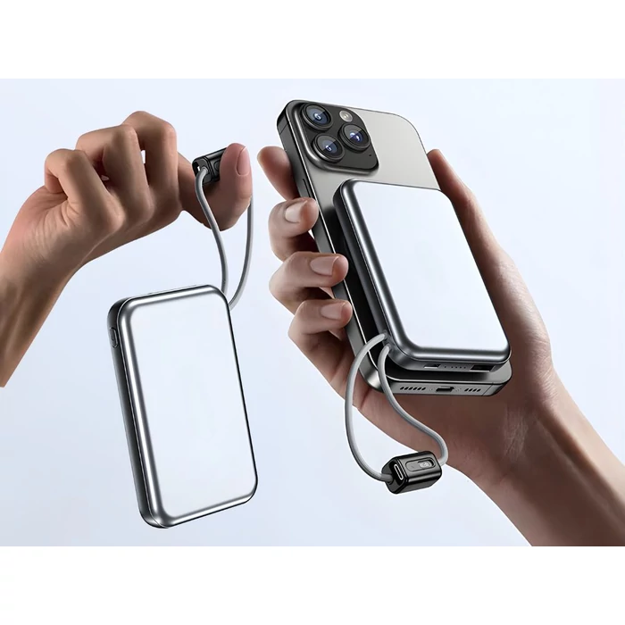 Powerbank vezeték nélküli töltéssel, USB-C és Lightning kábellel, 10000 mAh, szürke