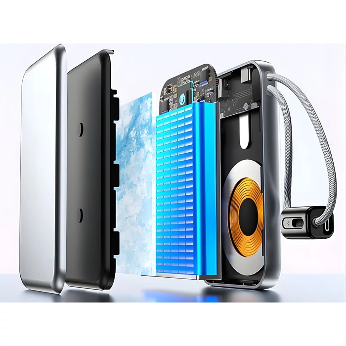 Powerbank vezeték nélküli töltéssel, USB-C és Lightning kábellel, 10000 mAh, szürke