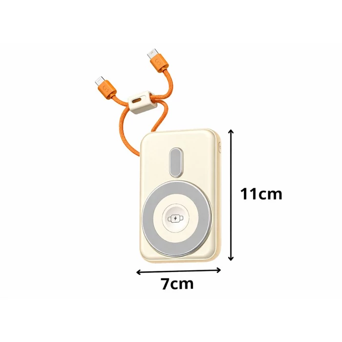 Powerbank vezeték nélküli töltéssel, USB-C és Lightning kábellel, 10000 mAh, krém