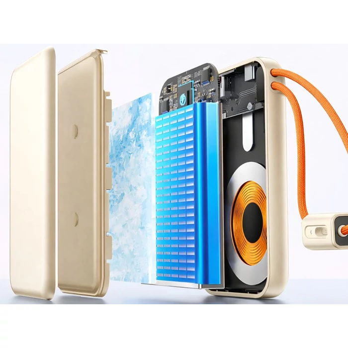 Powerbank vezeték nélküli töltéssel, USB-C és Lightning kábellel, 10000 mAh, krém