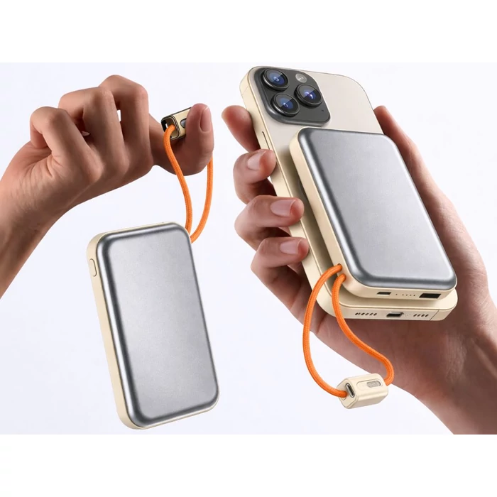 Powerbank vezeték nélküli töltéssel, USB-C és Lightning kábellel, 10000 mAh, krém