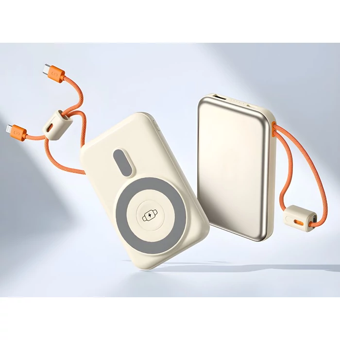 Powerbank vezeték nélküli töltéssel, USB-C és Lightning kábellel, 10000 mAh, krém