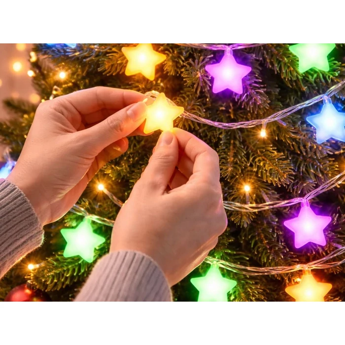 Csillag alakú színes LED-füzér távirányítóval, Bluetooth alkalmazással