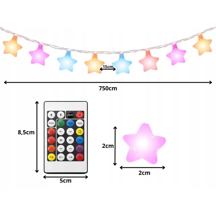 Csillag alakú színes LED-füzér távirányítóval, Bluetooth alkalmazással