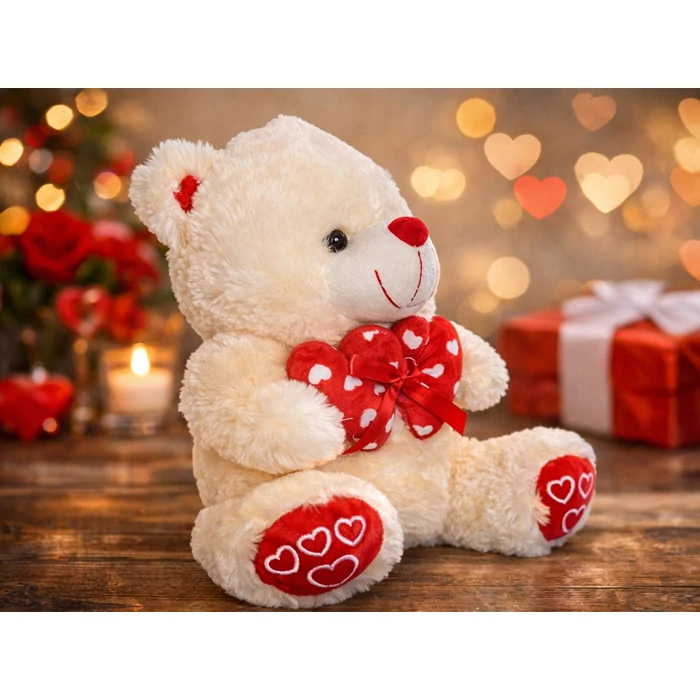 Plüss medve szívekkel, krém színű